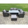 Fimous Wicker PE Rattan Furniture Garden Dining Set Outdoor Height Adjustable Rising lifting Table Love Sofa With Reclining Chair Side Tables Big Footstool