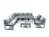 Fimous 11 Seater Outdoor Aluminum Garden Furniture Set Corner Sofa 2 Chair 2 Small Footstool Adjustable Rising Lifting Dining Table Sets Dark Grey