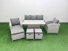 Fimous PE Rattan Garden Furniture Set Reclining Chair Sofa Lounge Sofa Set Adjustable Lifting Dining or Coffee Table 3 Stools Light Grey