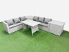 Fimous Rattan Garden Furniture Dining Set 6-seater Patio Rectangular Table 3 Seater Sofa Set with 2 Side Tables Light Grey