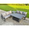 Fimous 3 Pieces Garden Furniture Set Aluminium Adjustable Rising Lifting Dining Table and Sofa Set with Cushions Dark Grey
