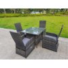 Fimous Dark Grey Mixed Outdoor PE Wicker Rattan Garden Furniture Reclining Chair And Table Dining Sets 4 Seater Square Tempered Glass Table