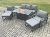 Fimous Aluminium Patio Outdoor Garden Furniture Lounge Sofa Set Gas Fire Pit Dining Table with Side Table 2 Big Footstools Dark Grey