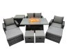 Fimous Outdoor Love Sofa Set 8 Seat Rattan Garden Furniture Set with Gas Firpit Dining Table 4 Footstools Side Table Dark Grey Mixed