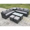 Fimous 8 Seater Rattan Corner Sofa Set With Square Side Table And Oblong Rectangular Coffee Tea Table 2 Stools Dark Grey Mixed