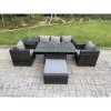Fimous Outdoor Rattan Garden Furniture Sofa Set Adjustable Rising Lifting Dining Table Set with Side Table 2 Armchairs Big Footstool Dark Grey Mixed