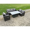 Fimous Outdoor Rattan Furniture Garden Dining Set Patio Height Adjustable Rising lifting Table with 3 Seater Sofa Reclining Chair Love Sofa Dark Grey Mixed