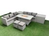 Fimous PE Rattan Lounge Sofa Set Outdoor Garden Furniture Set with Firepit Dining Table 3 Seater Sofa 2 Side Table 2 Small Stools Light Grey
