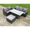 Fimous Outdoor Rattan Garden Furniture Sets Height Adjustable Rising lifting Dining Table Lounge Sofa Set With Big Footstool Dark Grey Mixed
