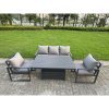 Fimous 7-Piece Aluminium Garden Furniture Sets 6 Seater Outdoor Conversational Dining Set with Adjustable Rising Lifting Dining Table 2 Side Table