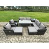 Fimous 10 Seater Rattan Garden Furniture Set Oblong Rectangular Dining Table and Chairs Set with 3 Seater Sofa 2 Big Footstool Side Table Dark Grey Mixed