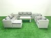 Fimous Outdoor Garden Furniture Rattan Sofa Set with 2 Armchairs Oblong Coffee Table Big Footstool 2 Side Tables Light Grey Mixed