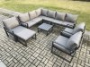 Fimous 10 Seater Aluminium Garden Furniture Set Outdoor Lounge Corner Sofa 3 Pcs Chair Square Coffee Table Sets with Big Footstool Dark Grey