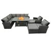 Fimous Poly Rattan Outdoor Patio Gas Firpit Dining Table Corner Sofa Set with 2 Big Stools 2 Chairs for Garden Backyard Dark Grey Mixed