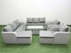 Fimous PE Wicker Rattan Furniture Sofa Sets with Oblong Coffee Table 3 Seater Sofa 4 Stools 2 Side Tables Light Grey
