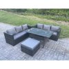 Fimous PE Wicker Outdoor Garden Furniture Set Patio Rattan Rectangular Dining Table Lounge Sofa with Big Footstool 7 Seater Dark Grey Mixed