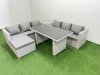Fimous Rattan Garden Furniture Dining Set 7-seater Patio Rectangular Table Sofa Set with Side Table Big Stool Light Grey