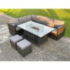 Fimous Outdoor Rattan Garden Corner Furniture Gas Fire Pit Table Sets Gas Heater Lounge Small Footstools Dark Grey 8 Seater