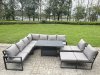 Fimous 9 Pieces Aluminium Garden Furniture Set with Cushions, Patio Furniture Set with Adjustable Rising Lifting Dining Table Big Footstool Dark Grey