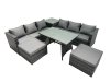 Fimous Outdoor Corner Sofa Dining Table Set Garden Rattan Furniture Set 8 Seater with Side Table 2 Big Stools Dark Grey