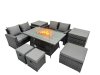 Fimous Outdoor Love Sofa Set 7 Seat Rattan Garden Furniture Set with Gas Firpit Dining Table 3 Footstools 2 Side Table Dark Grey Mixed
