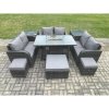 Fimous Outdoor Rattan Furniture Garden Dining Set Gas Fire Pit Table with 2 Side Tables Love Sofa 3 Footstools Dark Grey Mixed