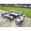 Fimous 10 Piece L-shaped Garden Furniture Set 11-Seater Aluminium Outdoor Dining Set with Adjustable Rising Lifting Dining Table 2 Chairs 2 Small Footstools Dark Grey