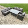 Fimous 7 Seater Outdoor Rattan Garden Furniture Sets Height Adjustable Rising lifting Dining Table Sofa Set with Reclining Chair Dark Grey Mixed