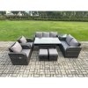 Fimous Dark Grey PE Wicker Rattan Garden Furniture Set Reclining Chair Love Sofa 2 Seater Sofa Set Outdoor Rectangular Dining Table 2 Small Footstools Side Tables 9 Seater