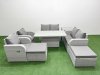 Fimous 8 Seater Outdoor Reclining Chair Love Sofa Set Rattan Garden Furniture Set with Adjustable Lifting Dining or Coffee Table 2 Big FootStools Side Table Light Grey