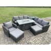 Fimous 9 Seater Wicker Rattan Garden Furniture Set Gas Fire Pit Dining Table Reclining Chair 3 Seater Sofa Set Indoor Outdoor with Side Table 2 Big Footstool