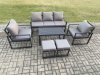 Fimous Aluminium Patio Outdoor Furniture Set 7 Seater Garden Sofa with Oblong Coffee Table 2 Small Footstools 2 Armchairs Dark Grey