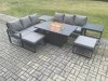 Fimous Aluminium Outdoor Lounge Sofa Garden Furniture Sets Gas Fire Pit Dining Table Set with 2 Big Footstools 2 Side Tables Dark Grey