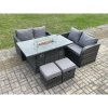 Fimous 6 Seater Rattan Outdoor Garden Furniture Sofa Set Gas Fire Pit Dining Table Gas Heater with Love Sofa 2 Small Footstool Dark Grey Mixed