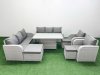 Fimous PE Rattan High Back Lounge Sofa Set Patio Adjustable Lifting Dining or Coffee Table & Chairs Set with 3 Seater Sofa Reclining Chair 3 Stools Light Grey