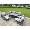 Fimous L-shaped Garden Furniture Set 11-Seater Aluminium Outdoor Dining Set with Adjustable Rising Lifting Dining Table 3 Footstools Chair Dark Grey