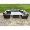 Fimous Outdoor Rattan Furniture Garden Dining Set Patio Height Adjustable Rising lifting Table Reclining Chair Sofa With 2 Side Tables Dark Grey Mixed