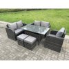 Fimous Dark Grey PE Wicker Rattan Garden Furniture Set Reclining Chair Love Sofa 2 Seater Sofa Set Outdoor Rectangular Dining Table 2 Stools 5 Seater