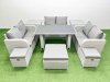 Fimous 9 Seater Patio Garden Furniture Sets with Black Glass Top Dining Table Love Sofa 2 Side Tables 3 Stool Light Grey