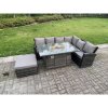 Fimous 7 Seater?Outdoor High Back Rattan Gas Fire Pit Corner Sofa Dining Set Garden Furniture Heater Dining Table Dark Grey Mixed Right Side