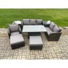 Fimous 8 Seater Outdoor Rattan Garden Furniture Set Height Adjustable Rising lifting Dining Table Love Sofa Chair With 2 Side Tables 2 Big Footstool Dark Grey Mixed