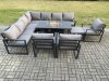 Fimous Aluminium 11 Seater Garden Furniture Outdoor Set Patio Lounge Sofa Gas Fire Pit Dining Table Set with 3 Chairs Big Footstool Dark Grey