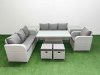 Fimous 9 Seater Poly Rattan Outdoor Garden Furniture Adjustable Lifting Dining or Coffee Table Sofa Set Patio 3 Seater Sofa Reclining Chair 3 Seater Sofa Stools 2 Side Table Light Grey