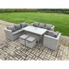 Fimous 9 Seater Outdoor PE Rattan Garden Funiture Set Height Adjustable Rising Lifting Table Sofa Dining Set with Armchair 2 Small Footstools