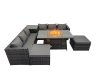 Fimous 8 Seater Garden Outdoor Rattan Furniture Set Patio Corner Sofa Gas Firepit Dining Table with Side Table 2 Big Stools Dark Grey