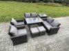 Fimous Rattan Garden Furniture Set 8 Seater Patio Outdoor Lounge Sofa Set with Rectangular Dining Table Love Seat Sofa Side Table 2 Small Footstools Dark Grey Mixed