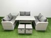 Fimous 8 Seater PE Wicker Rattan Furniture Sofa Sets with Rectangular Dining Table 2 Seater Love Sofa 2 Stool Side Table Light Grey