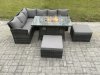 Fimous 8 Seater Rattan Garden Furniture High Back Corner Sofa Gas Fire Pit Dining Table Sets Gas Heater with 2 Big Footstool Dark Grey Mixed