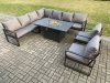 Fimous Aluminium 8 Pieces Garden Furniture Corner Sofa Set with Cushions Gas Fire Pit Dining Table Set Gas Heater Burner with 2 Chairs Dark Grey