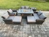 Fimous Outdoor Garden Furniture Sets 8 Pieces Wicker Rattan Furniture Gas Firepit Dining Table Sofa Set with 2 Big Footstool Side Table Dark Grey Mixed
